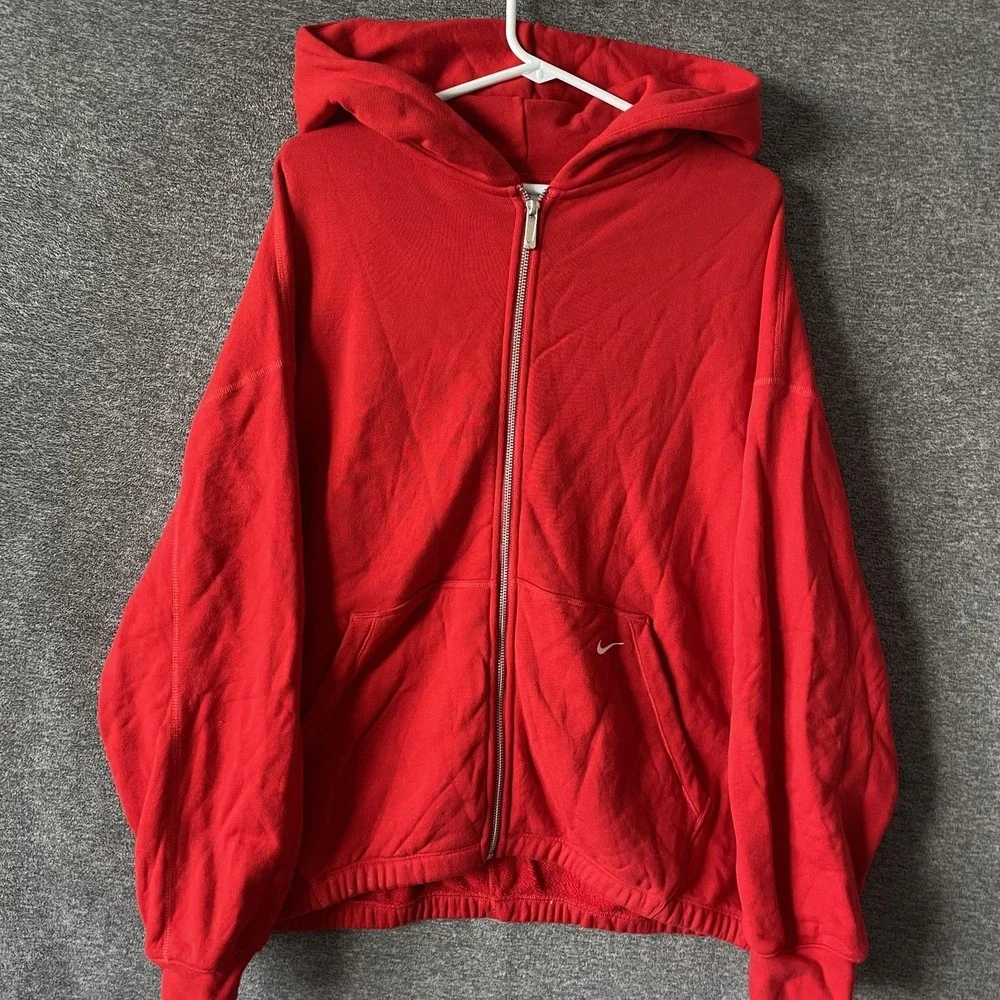 Nike Hoodie Womens M Red Full Zip Cotton Fleece Kangaroo Pocket Logo Sweatshirt